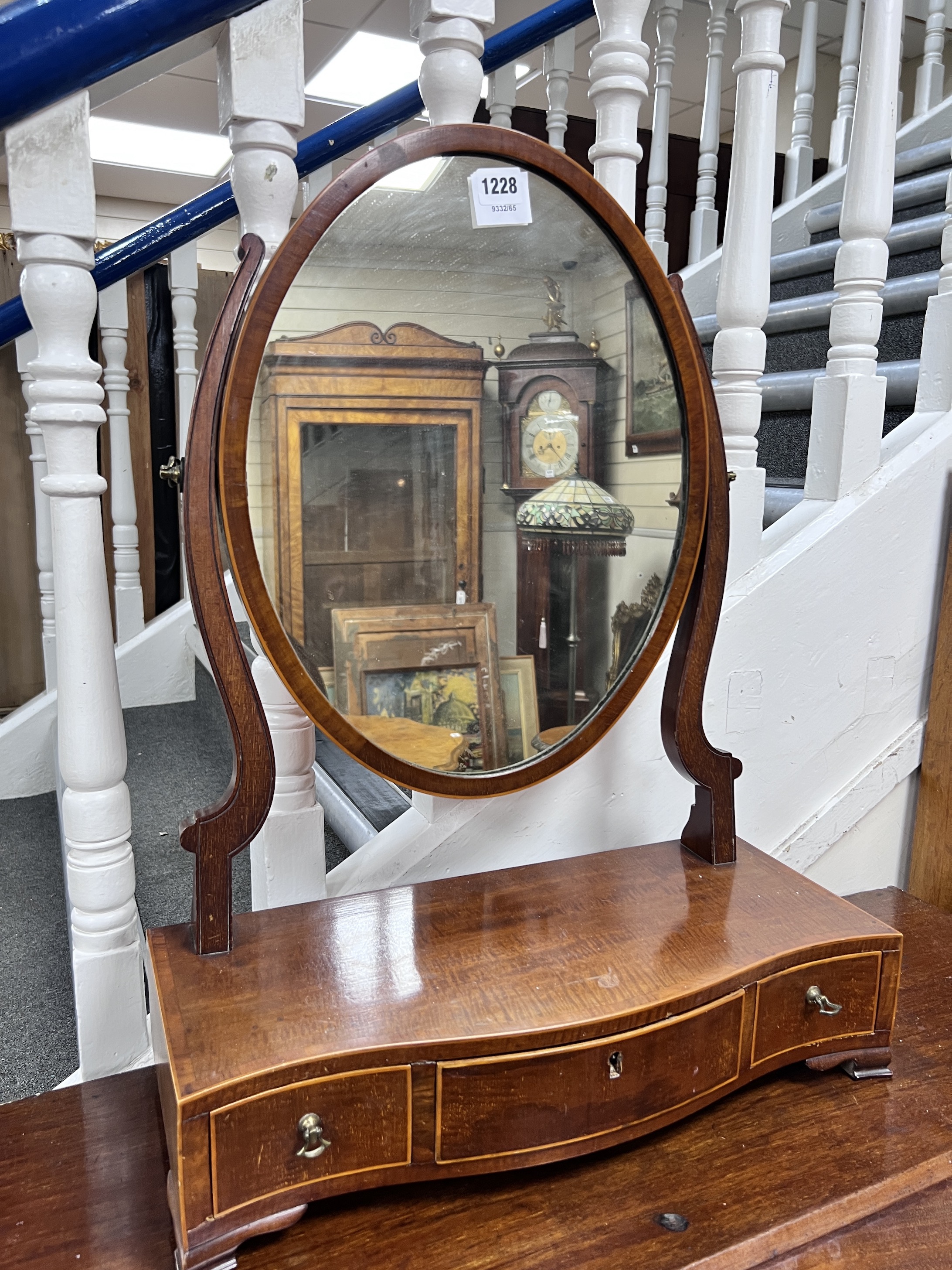 A Sheraton style strung mahogany toilet mirror, width 48cm, height 62cm